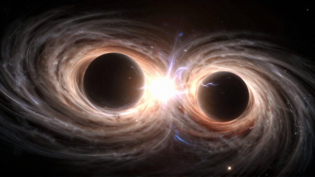 Colisión de dos agujeros negros masivos con ondas de luz y distorsión gravitacional en el espacio.