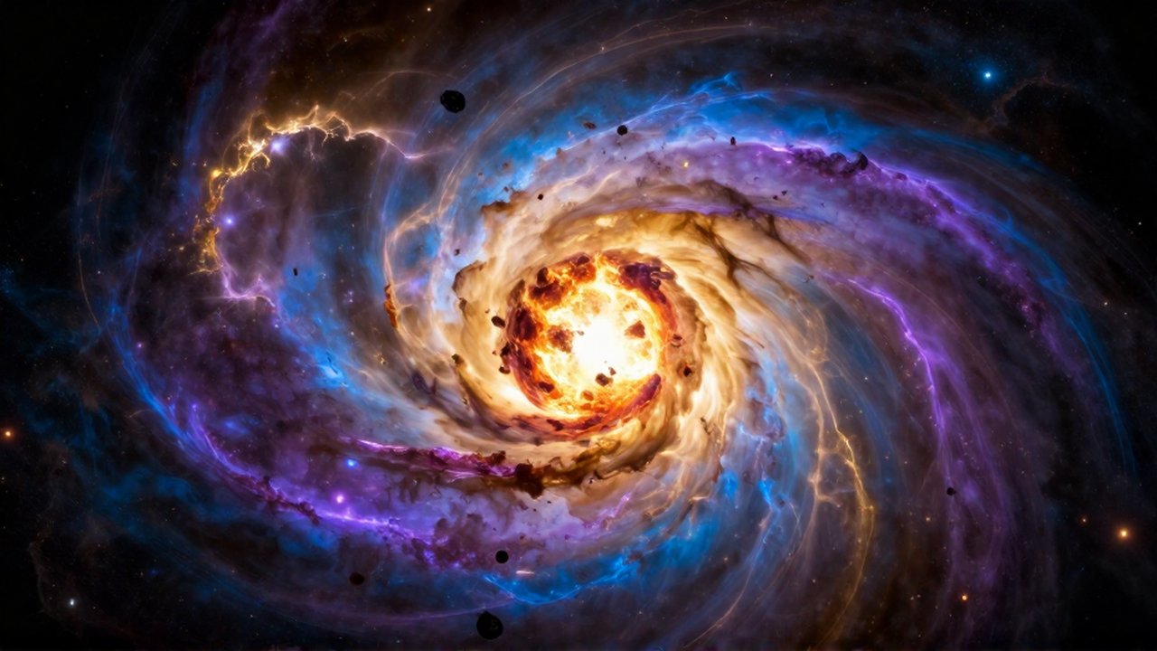 Supernova de una estrella supergigante azul con ondas de choque y plasma en expansión.