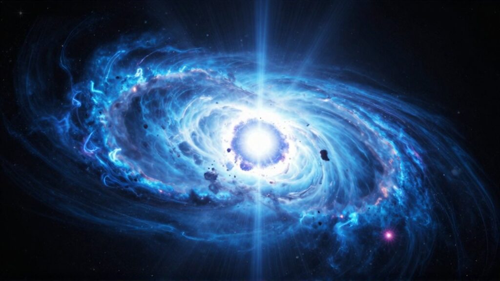 Explosión de una supernova azul con capas de plasma incandescente rodeando una singularidad oscura.
