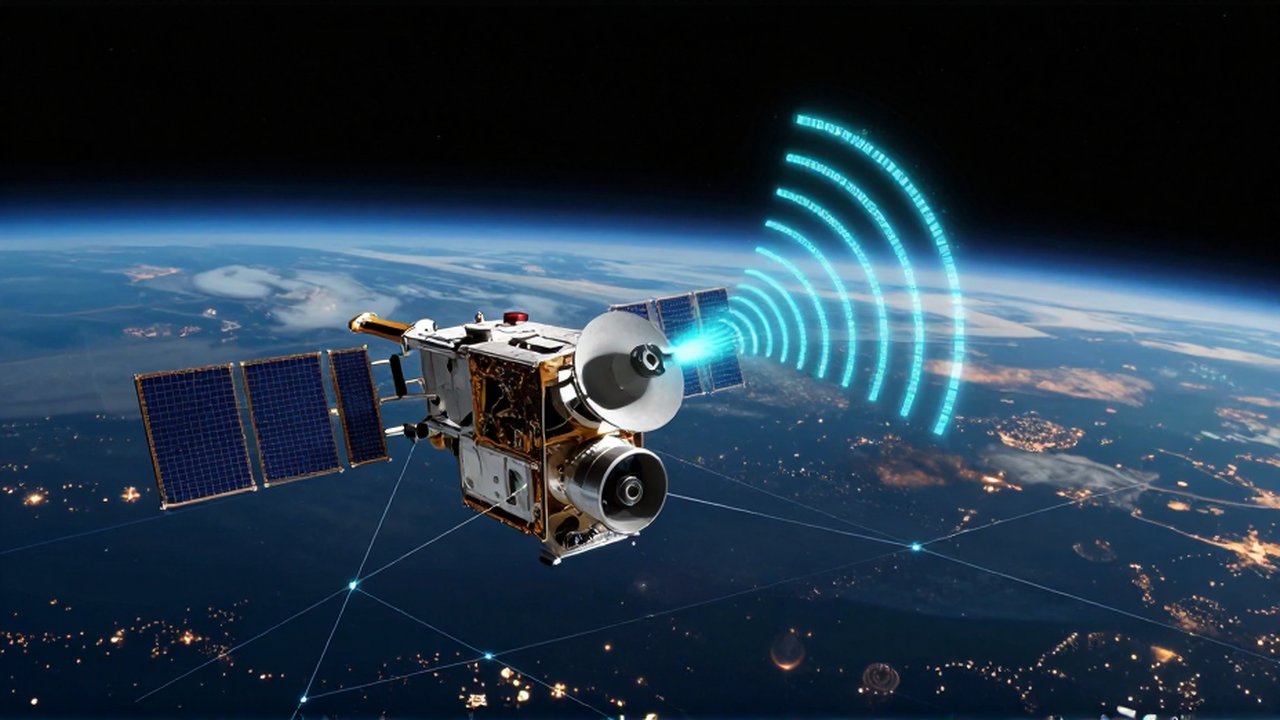Satélite de alta tecnología orbitando la Tierra con ondas digitales que representan señales de posicionamiento.