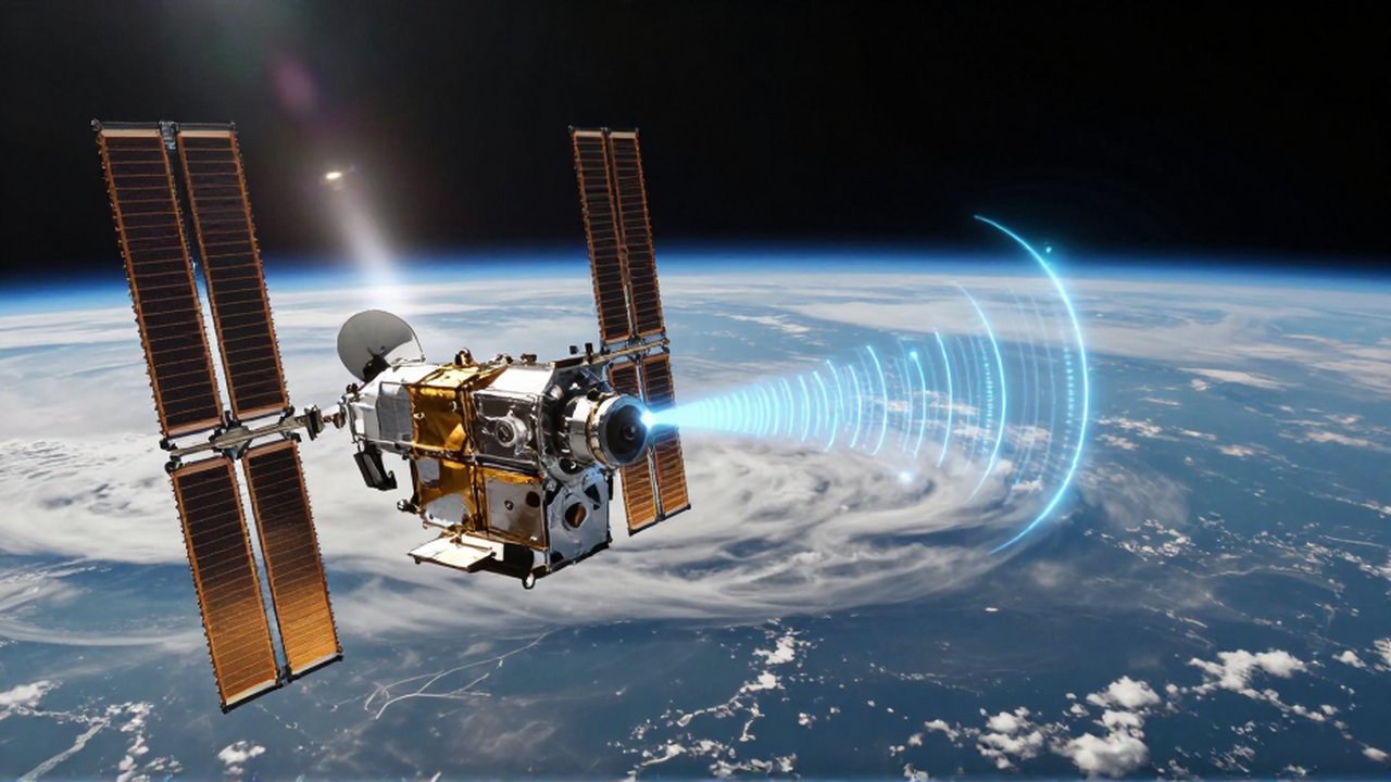 Satélite de alta tecnología orbitando la Tierra emitiendo señales digitales a través de la atmósfera nublada.