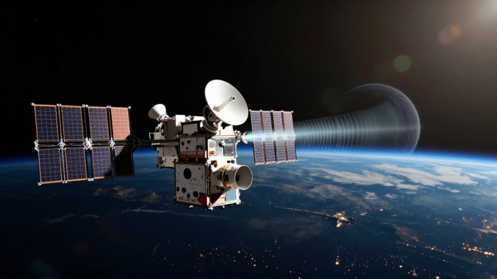 Satélite de alta tecnología con paneles solares emitiedo señales electromagnéticas sobre la Tierra en el espacio.