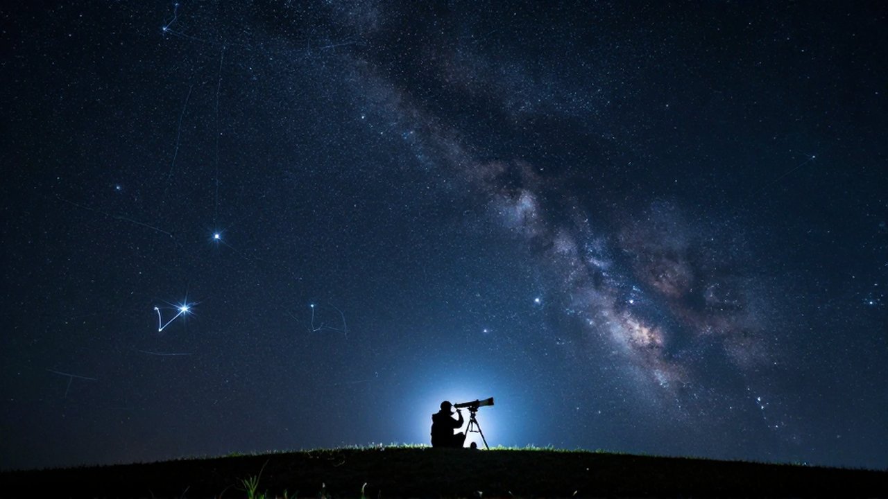 Astrónomo observando un cielo nocturno estrellado con un telescopio profesional desde una colina.