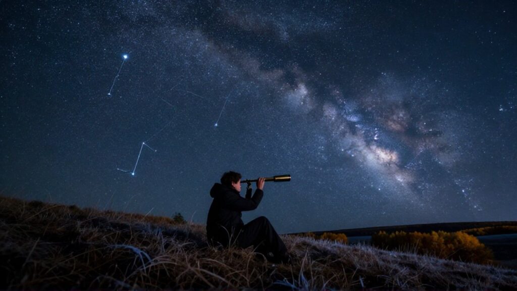Astrónomo observando un cielo estrellado lleno de constelaciones con un telescopio antiguo sobre una colina.