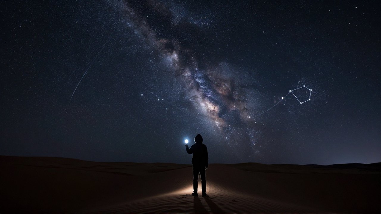 Viajero con capucha contemplando un cielo estrellado lleno de constelaciones desde una duna nocturna.
