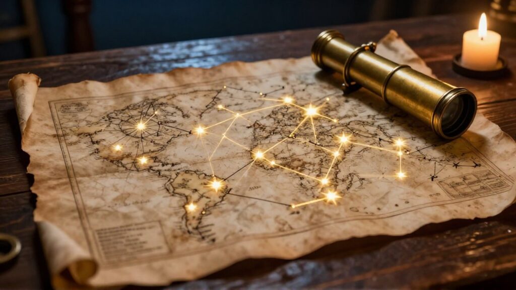 Mapa de pergamino antiguo con un mapa estelar luminoso y un telescopio de latón sobre una mesa de madera.