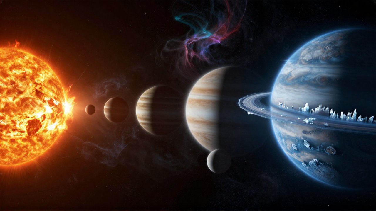 Sección transversal del sistema solar que muestra la transición de planetas rocosos ardientes a gigantes gaseosos helados.