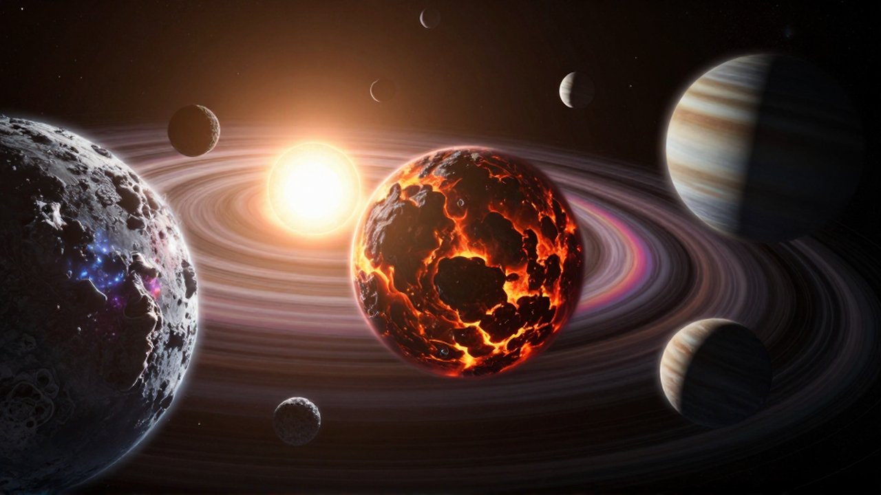 Sistema planetario con mundos rocosos y gigantes gaseosos orbitando alrededor de un sol distante.
