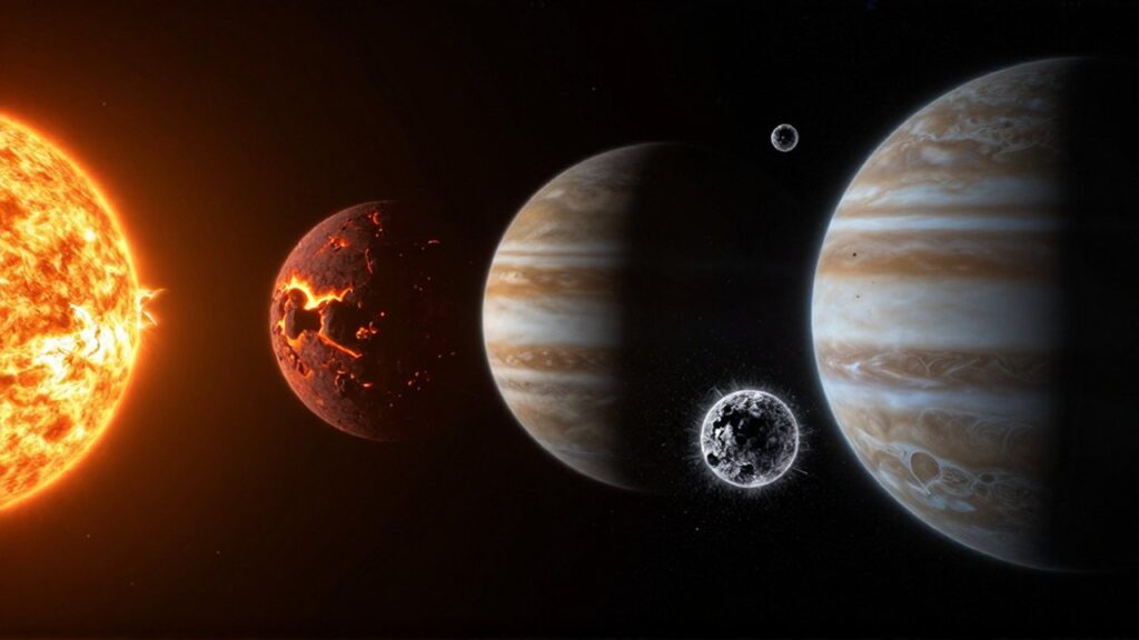 Gradiente del sistema solar que transiciona desde un sol brillante y planetas rocosos hasta gigantes gaseosos gélidos.