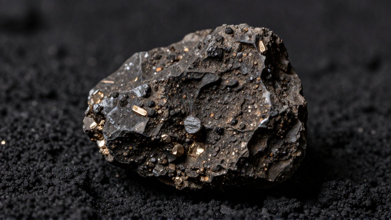 Fragmento de meteorito rocoso con textura mineral sobre una superficie volcánica oscura.