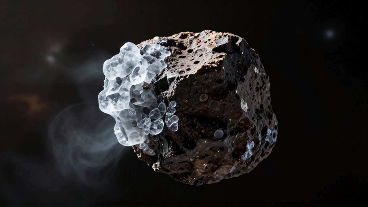 Fragmento de meteorito de roca carbonosa con cristales de hielo desprendiendo un vapor brillante en el espacio.