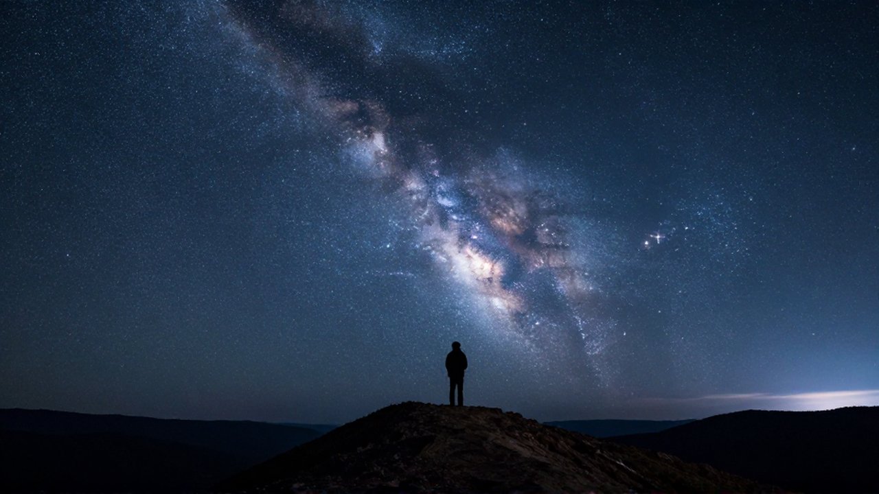 Silueta de un astrónomo contemplando la Vía Láctea desde la cima de una montaña.