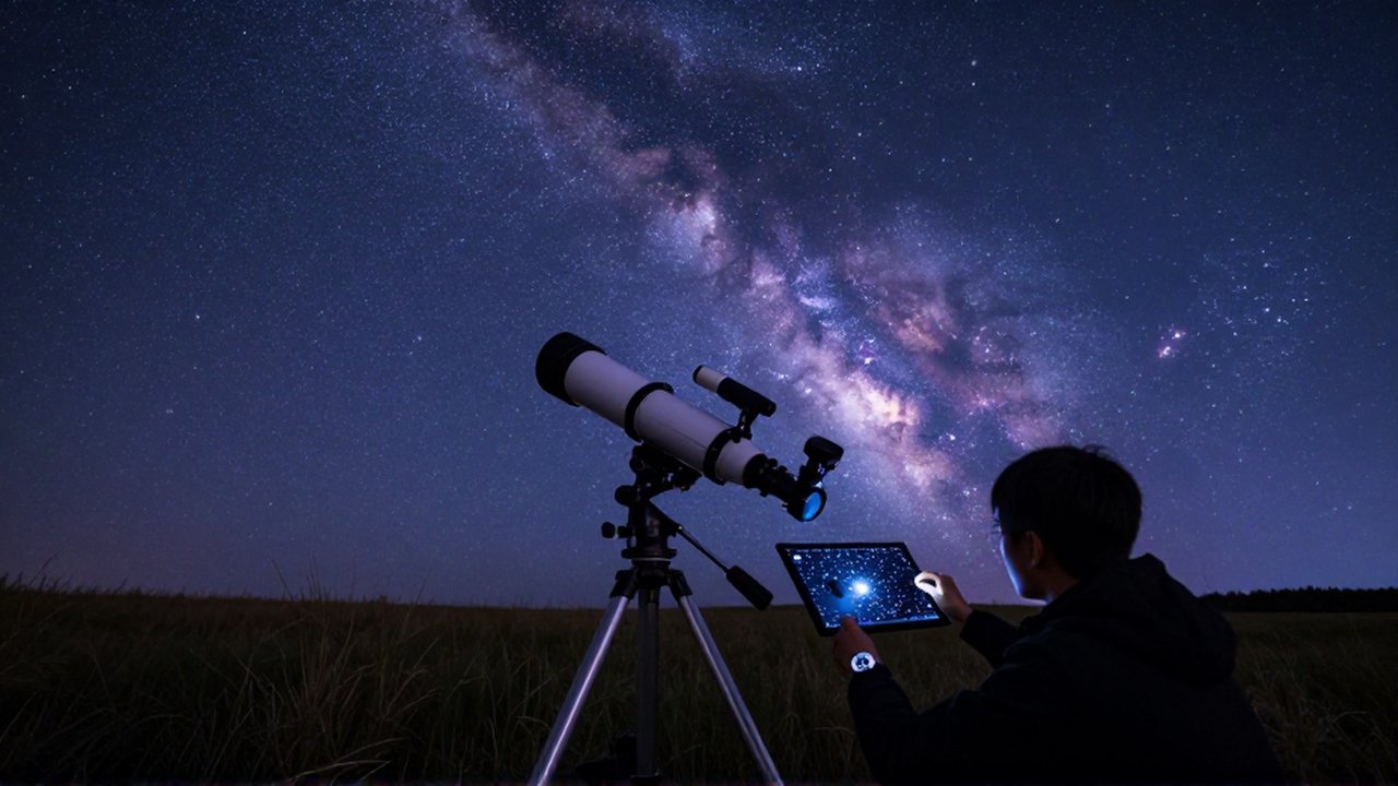 Persona observando un mapa estelar junto a un telescopio bajo un cielo nocturno lleno de estrellas.