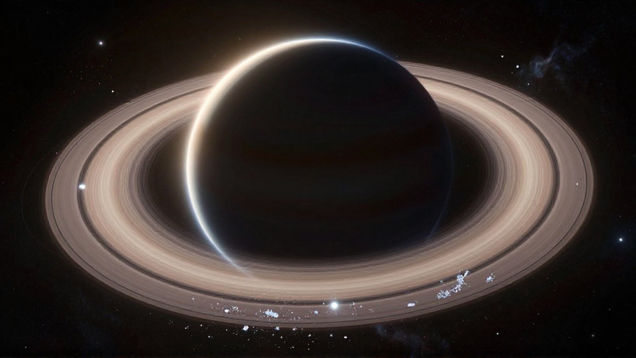 Gigantesco planeta gaseoso con anillos luminosos de hielo y polvo rodeado de nebulosas en el espacio.