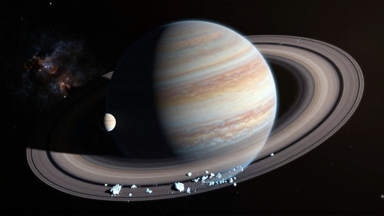 Un majestuoso planeta gigante con anillos de hielo y una pequeña luna en el espacio profundo.