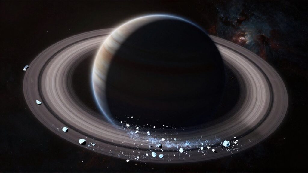 Gigantesco planeta gaseoso rodeado de anillos brillantes de hielo y roca en medio del espacio profundo.