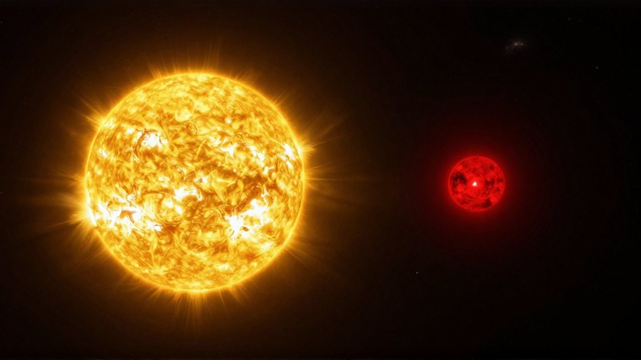 Comparación de escala entre un sol brillante con llamaradas y una pequeña estrella enana roja en el espacio.