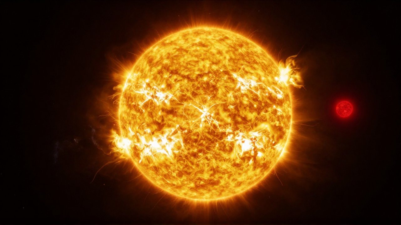 Un sol amarillo gigante con llamaradas brillantes junto a una pequeña estrella roja tenue en el espacio.