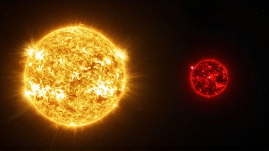 Comparación de escala entre un sol amarillo brillante con llamaradas y una pequeña enana roja tenue.