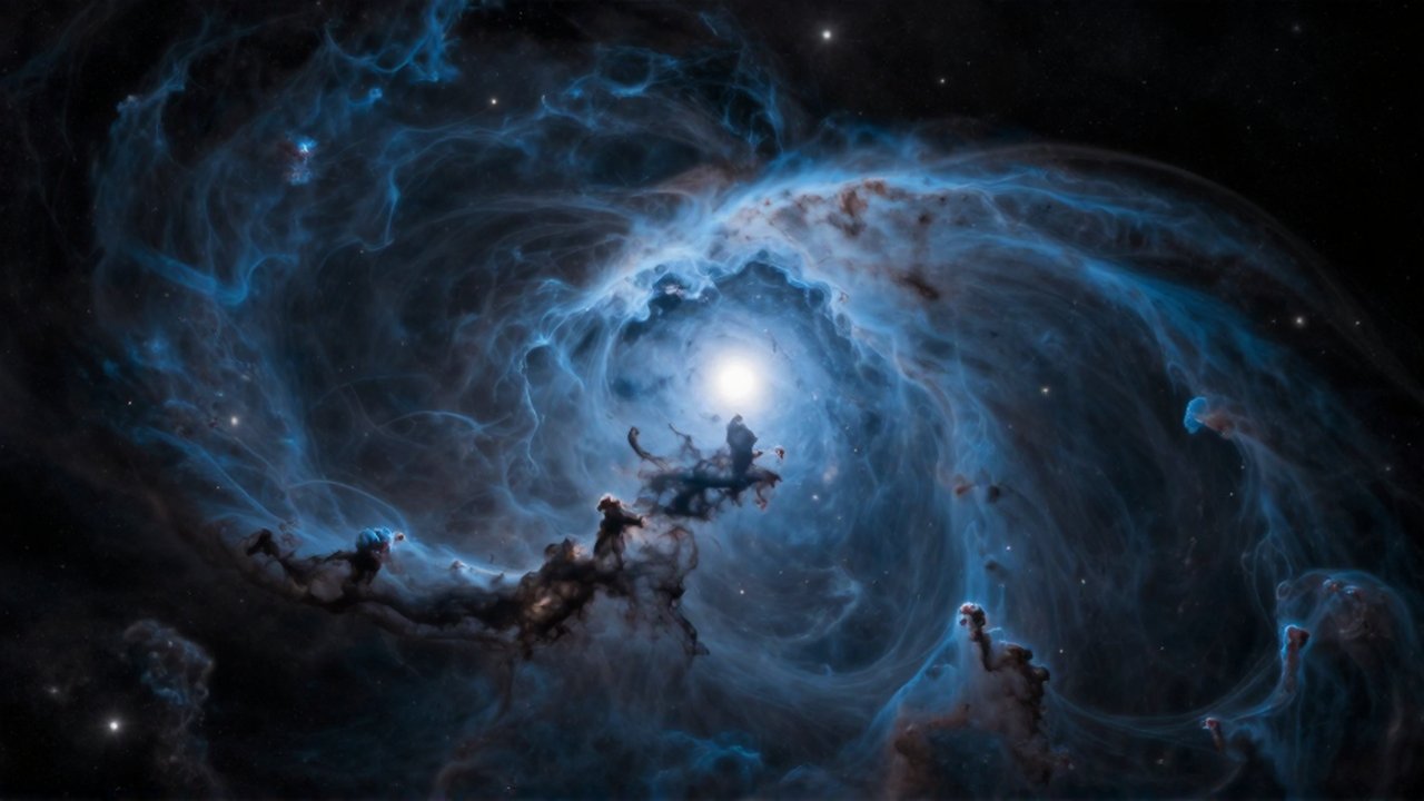 Vast nebulosa de reflexión con nubes de gas azul brillante sobre el vacío del espacio.