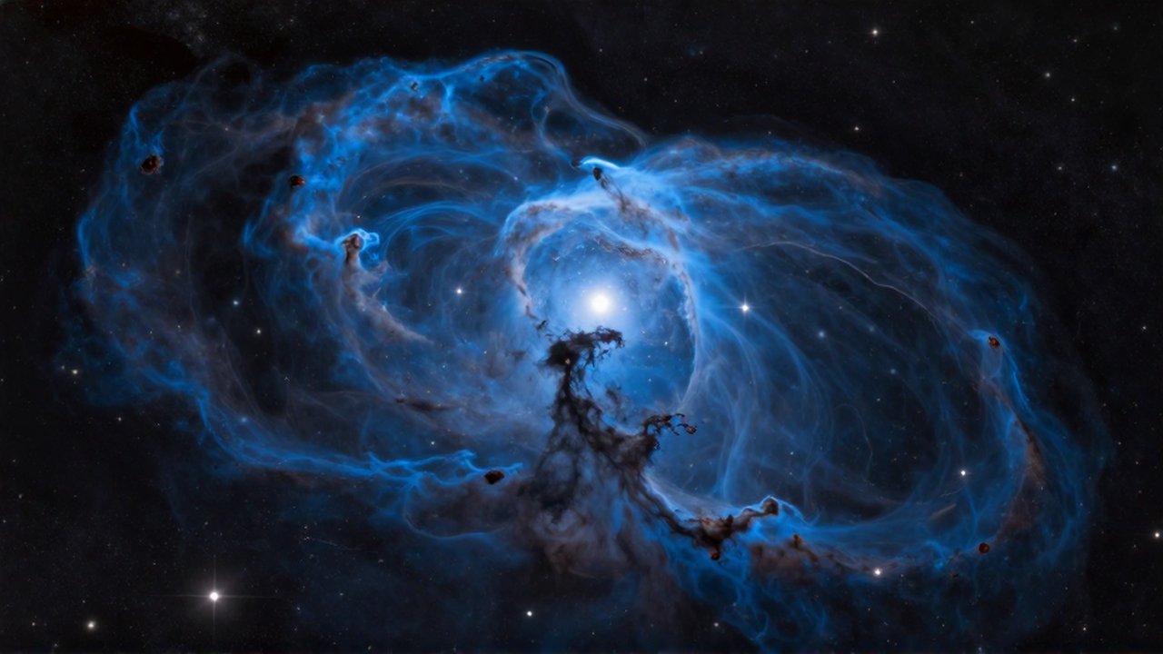 Nebulosa de reflexión con nubes de polvo azul brillante y filamentos de gas entre estrellas distantes.