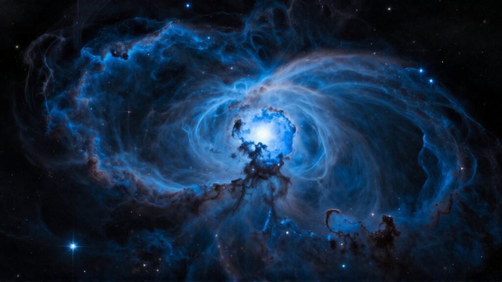 Vasta nebulosa de color azul eléctrico con estrellas brillantes entre nubes de polvo cósmico.