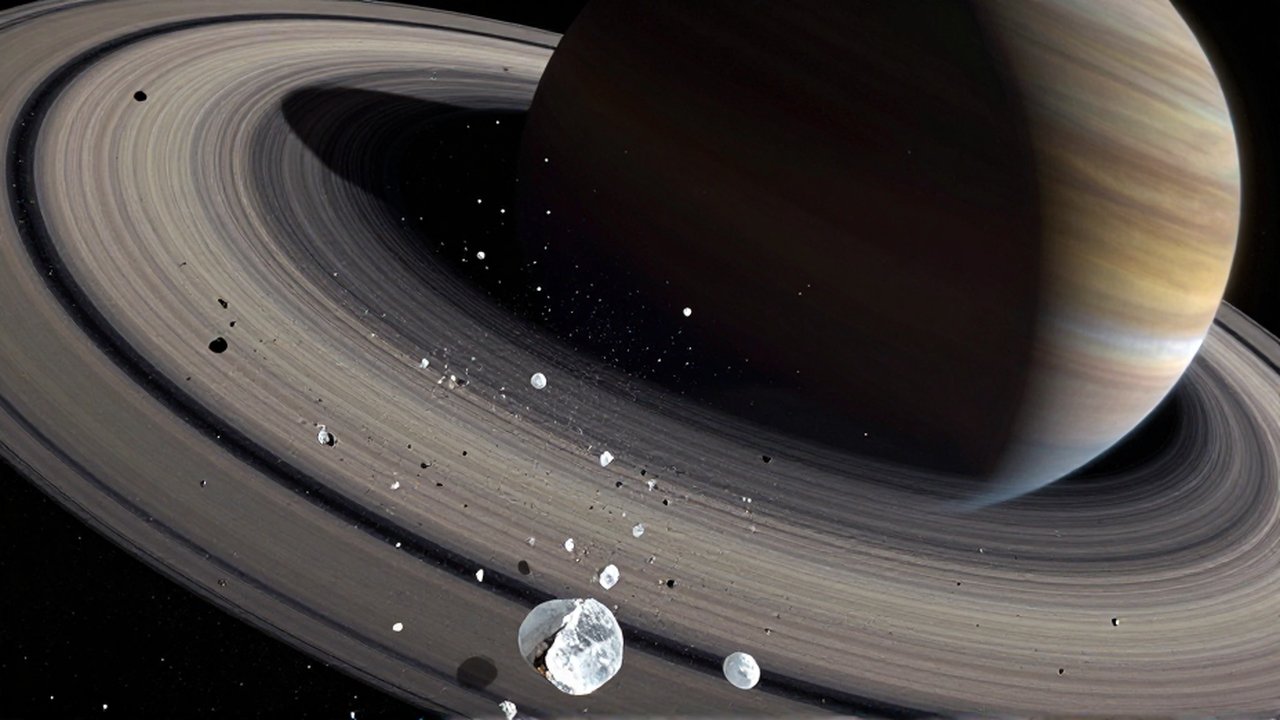 Primer plano detallado de los anillos de Saturno compuestos por fragmentos de hielo y rocas.