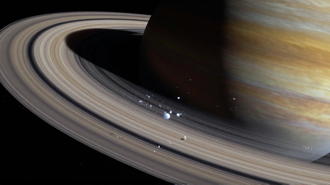 Primer plano detallado de los anillos de Saturno compuestos por partículas de hielo y polvo cósmico.