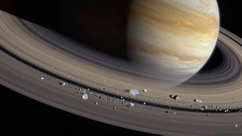 Primer plano de los anillos de hielo y fragmentos rocosos de Saturno frente al planeta gigante.