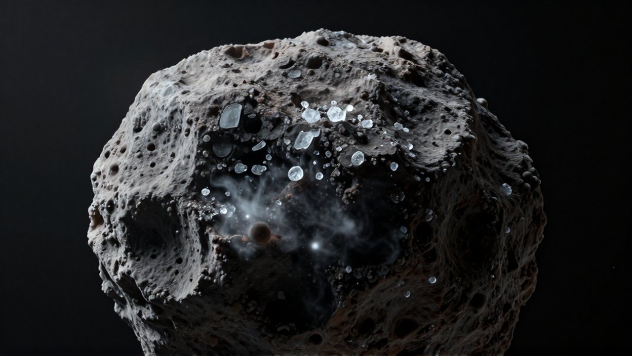 Núcleo rocoso de un cometa con texturas de polvo oscuro y leves columnas de gas blanco.