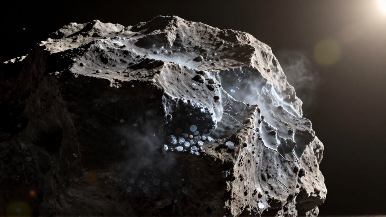 Primer plano de la superficie rocosa y gélida de un núcleo de cometa con gas sublimándose.
