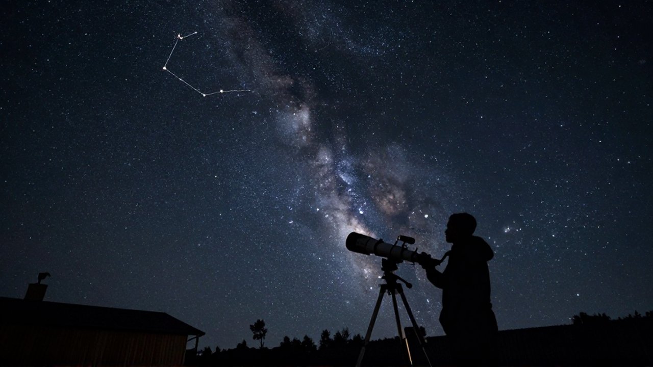 Silueta de un observador usando un telescopio profesional bajo un cielo estrellado con la constelación de Leo.