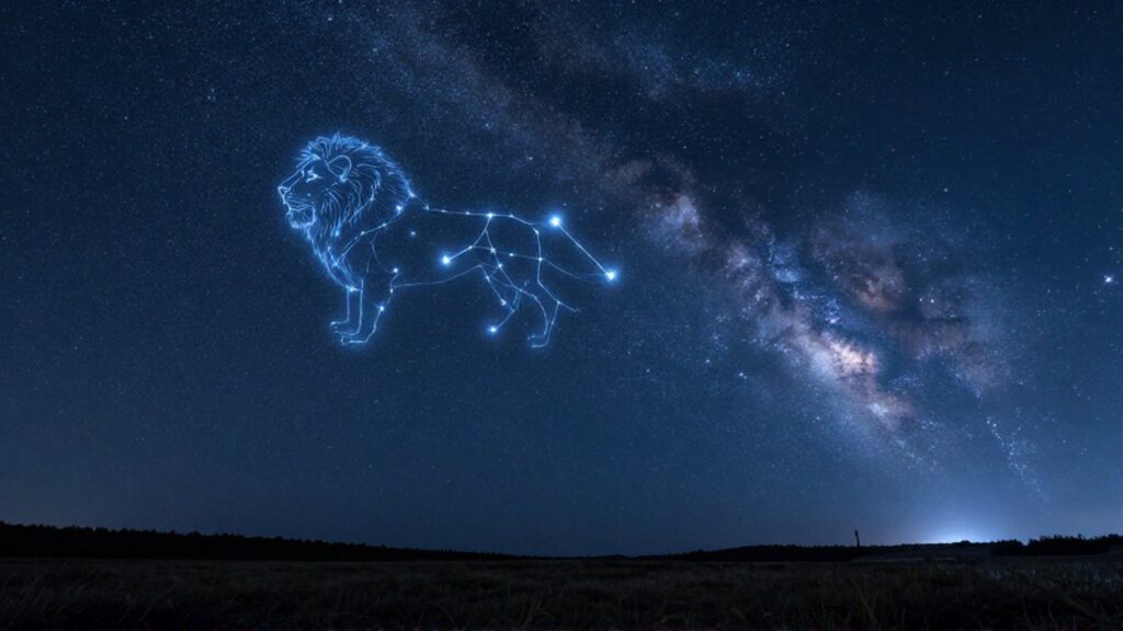 Constelación de Leo brillando en un cielo nocturno estrellado sobre un prado sereno.