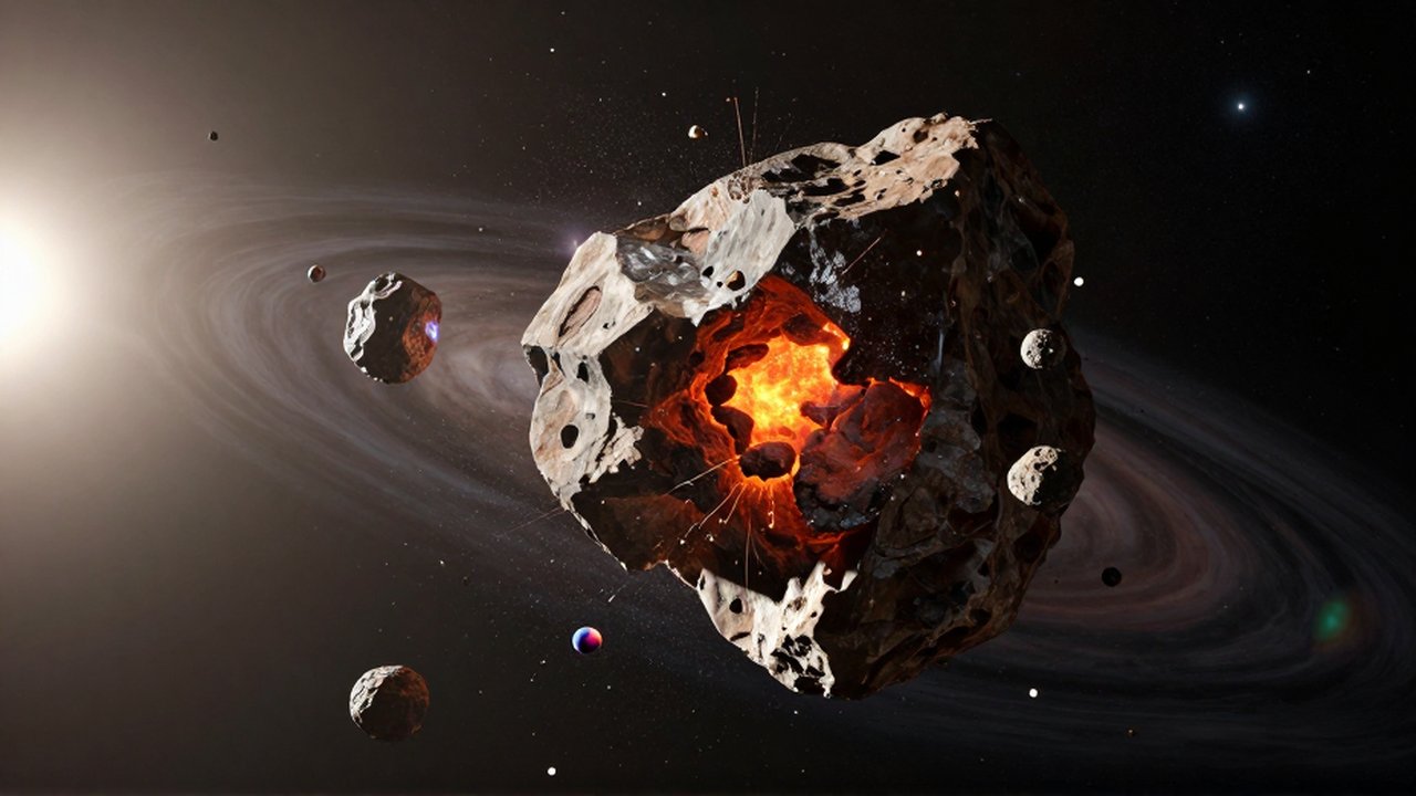 Fragmento de asteroide chocando contra restos espaciales entre chispas y roca fundida en el espacio profundo.