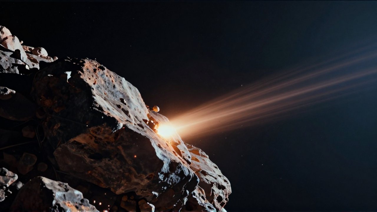Fragmento de roca espacial moviéndose por el vacío con un meteoro ardiendo al fondo.