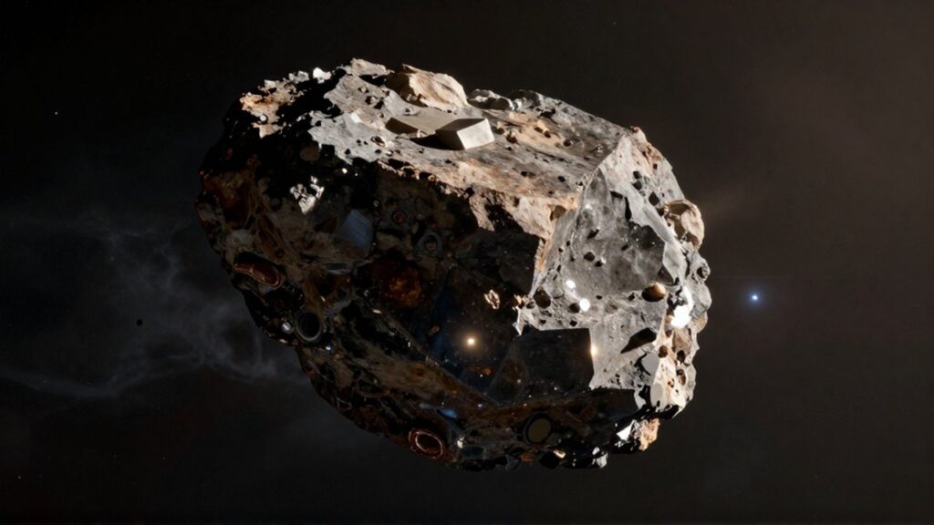 Fragmento rocoso de un asteroide con vetas metálicas flotando en un campo de escombros espaciales.