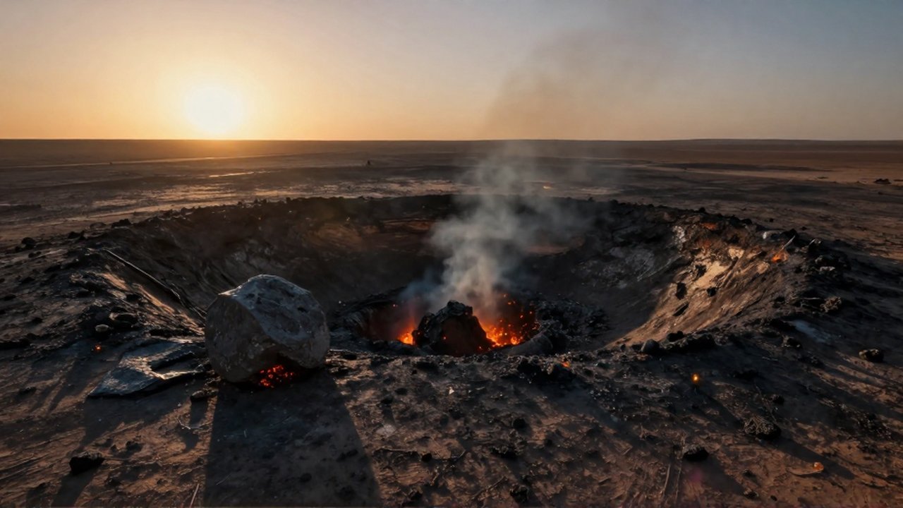 Un gran fragmento de meteorito incrustado en un cráter humeante bajo el atardecer en el desierto.