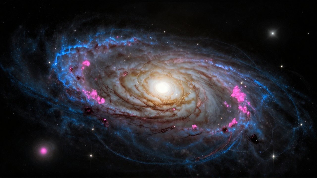 Gran galaxia lenticular con un núcleo dorado y anillos de estrellas azules rodeados de nebulosas rosas.