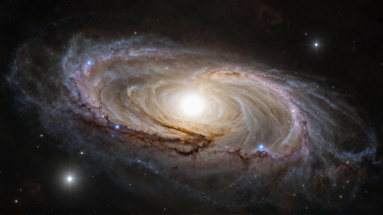 Gran galaxia lenticular con un núcleo brillante, anillos de estrellas doradas y senderos de polvo cósmico.