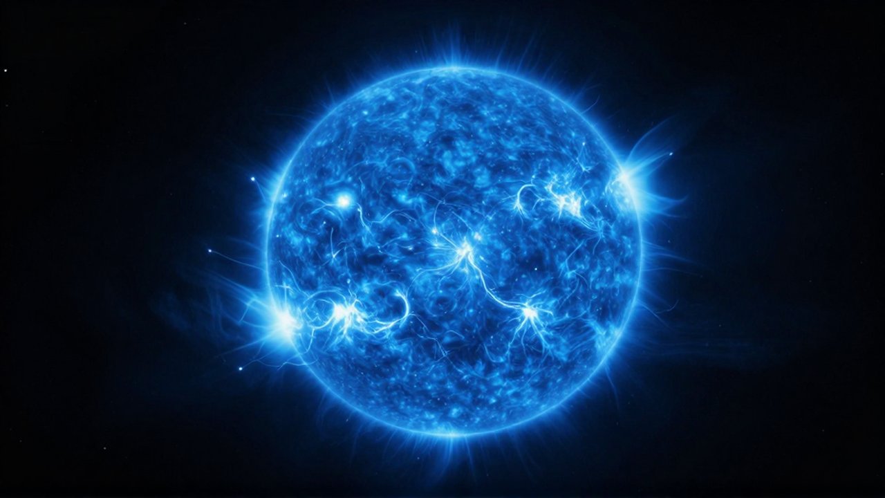 Gigantesca estrella azul de intensa luz brillante con llamaradas solares en el espacio profundo.