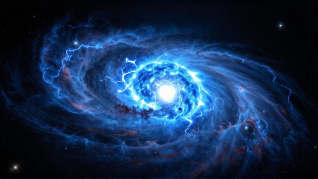Una gigantesca estrella azul brillante rodeada de plasma eléctrico y nubes de polvo cósmico en el espacio profundo.
