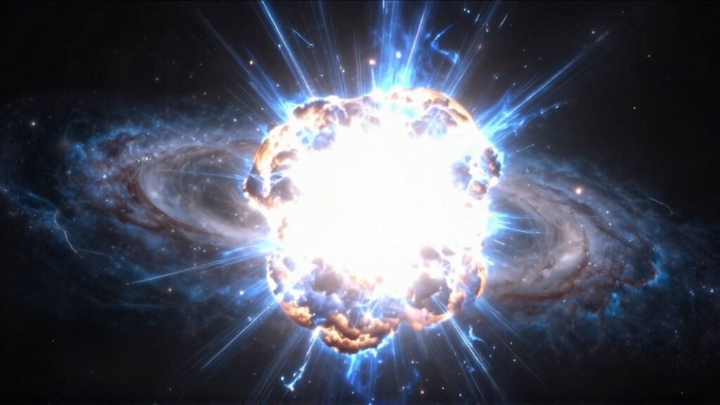 Explosión de una supernova con luz blanca y azul expandiéndose sobre el vacío del espacio profundo.