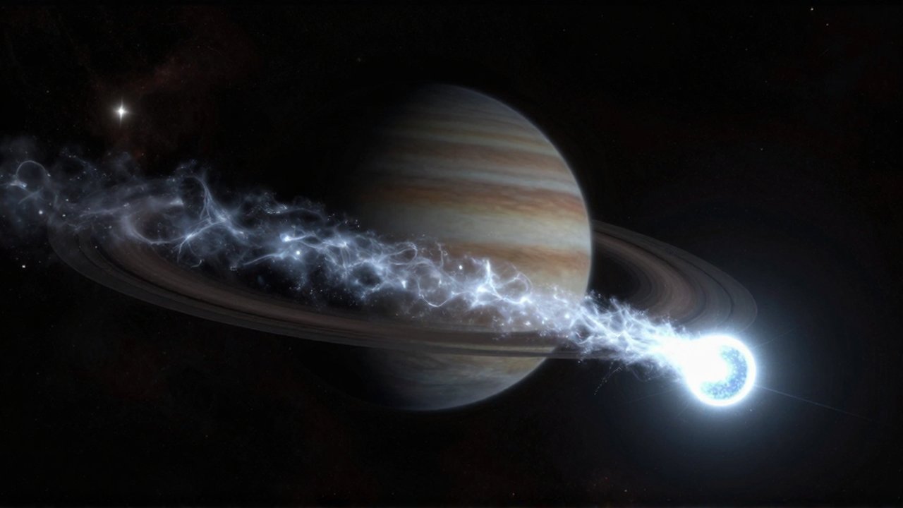 Cometa luminoso con una larga estela de hielo atravesando el espacio frente a un gigante gaseoso.