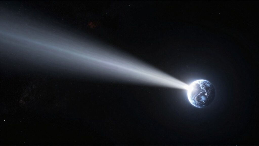 Cometa brillante con una larga cola luminosa atravesando un cielo estrellado en el espacio profundo.