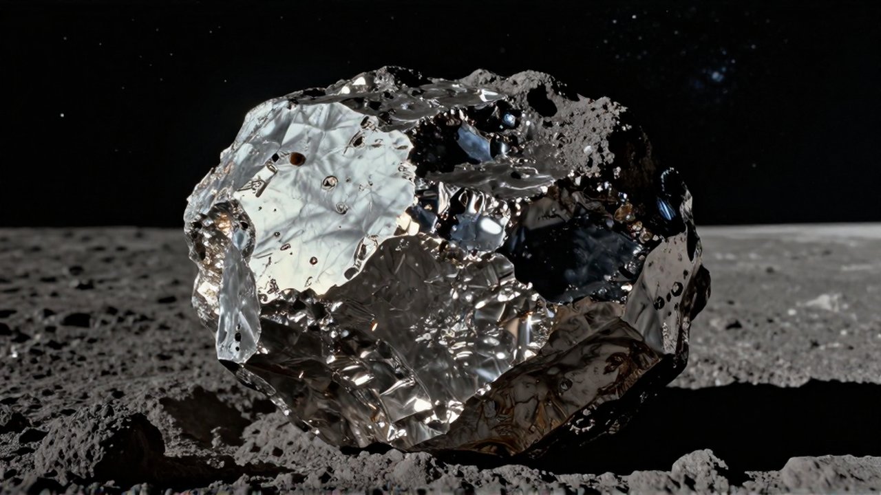 Fragmento de meteorito metálico con texturas cristalinas sobre la superficie de la Luna bajo un cielo estrellado.
