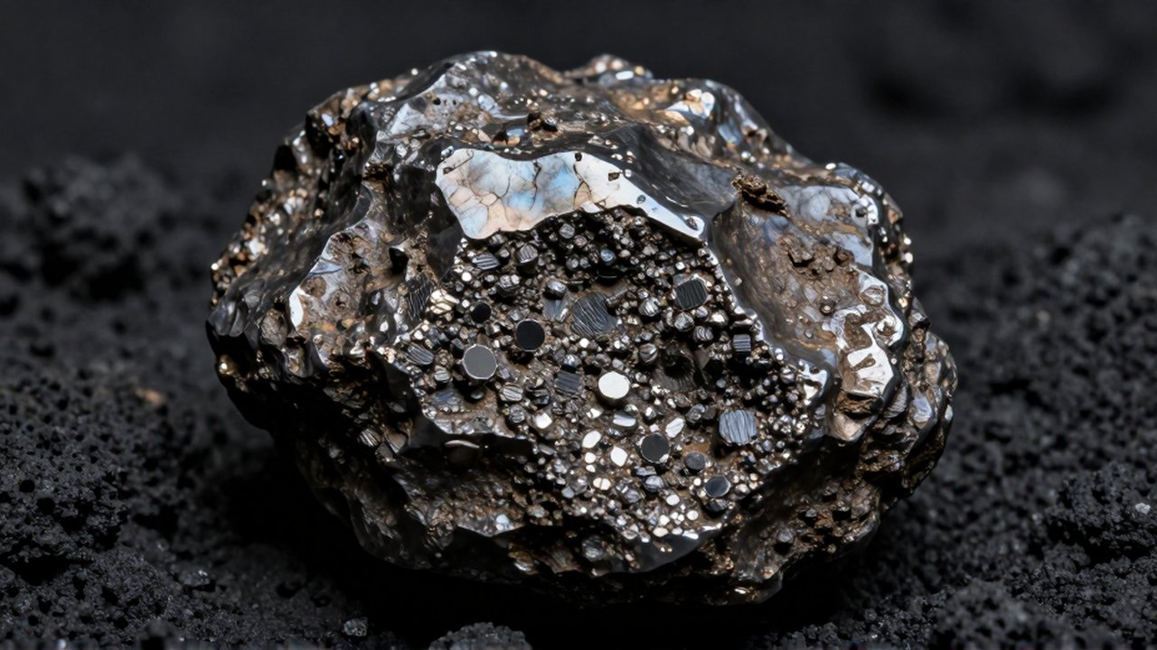 Meteorito de hierro y níquel con textura cristalina sobre una roca volcánica oscura.