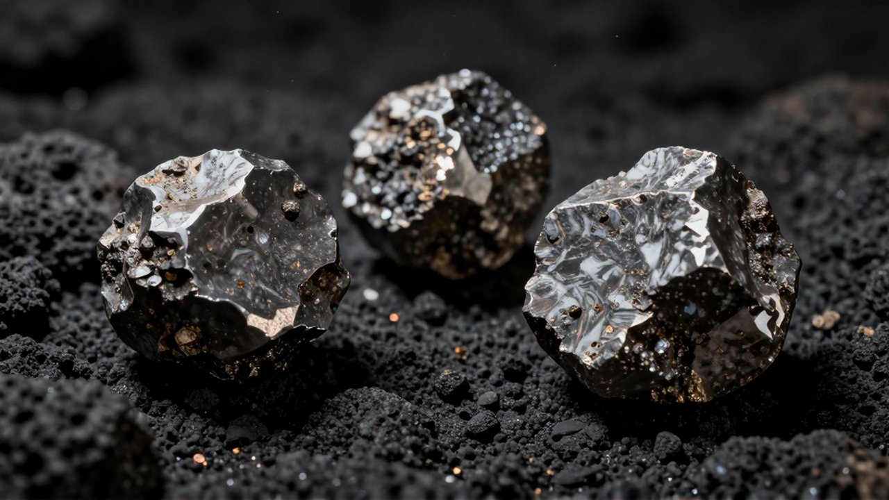 Tres tipos diferentes de meteoritos con distintas texturas sobre una superficie de roca volcánica oscura.