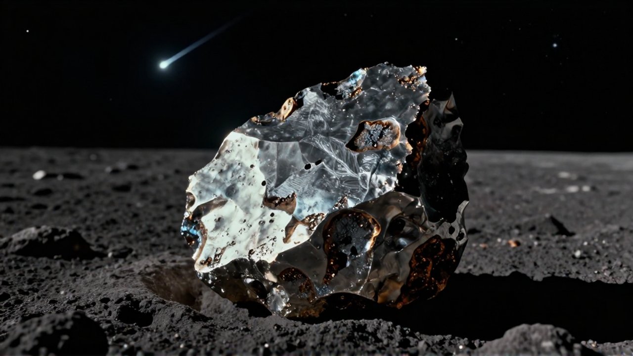 Fragmento de meteorito metálico sobre una superficie lunar bajo un cielo estrellado.