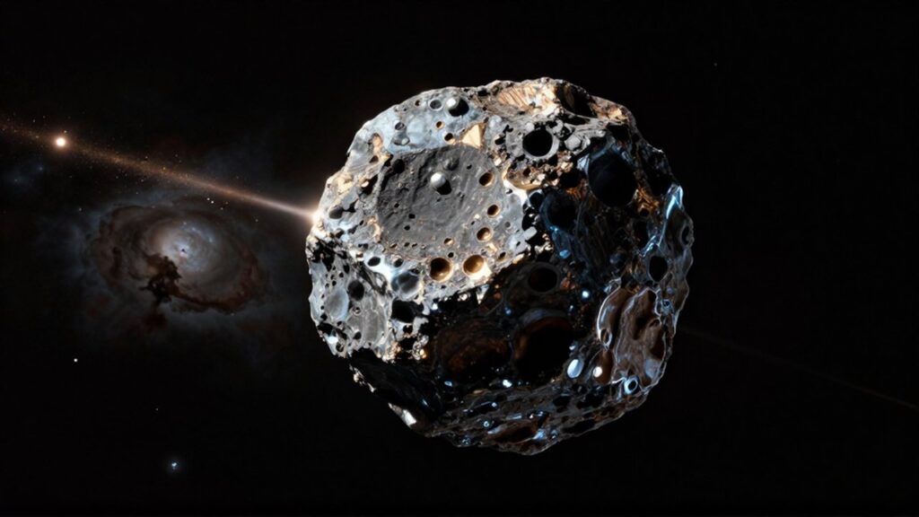 Meteorito de núcleo metálico y textura vítrea desplazándose por el espacio entre nebulosas distantes.