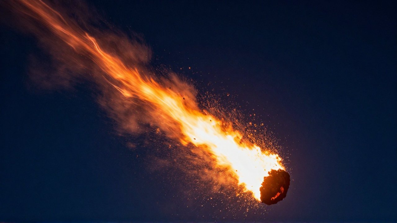 Meteorito brillante con una estela de fuego naranja cruzando el cielo nocturno estrellado.